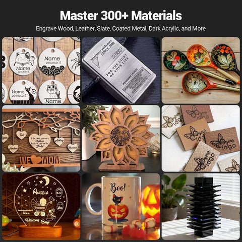 WIZMAKER laser engraver sample collage: 9 wood plaques, metal tags, and ceramic decor items.