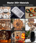 Collage of items engraved with a laser engraver: plaques, ceramic mugs, wooden boxes, using a 12W Laser Engraver With 300x300mm Work Area.