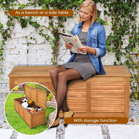 Woman sitting on 46 Gallon Acacia Wood Deck Box With Outdoor Storage Bench For Patio Cushions And Tools Built Like A Tank.