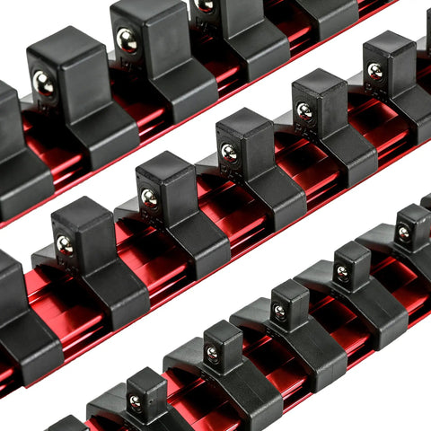 Close-up of Three-Piece Aluminum Socket Organizer Rails for 1/4, 3/8, and 1/2 inch drives with spring-loaded clips