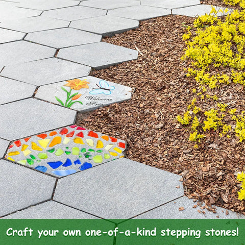 Concrete path with hexagon stepping stones, featuring colorful designs. Two Size Hexagon Stepping Stone Molds For Concrete 9 Inch And 11.4 Inch Reusable Cement Molds For Walkways Pavement And Garden Perfect For DIY Outdoor Pathways And Paver Projects.