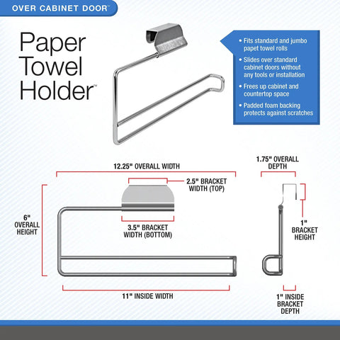 Diagram of Over The Cabinet Paper Towel Holder In Brushed Nickel No Install Paper Towel Dispenser dimensions and features.