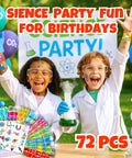 Children in lab coats with Science Party Favors Bundle With 24 Temporary Tattoos And 24 Slap Bracelets for birthdays.