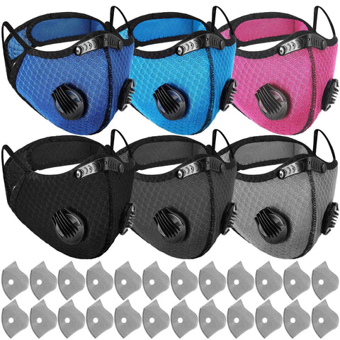 Pro Grade Six Pack Breathable Dust Mask With Adjustable Straps And 24 Activated Carbon Filters For Woodworking Reusable Respirator Set In Black Dark Blue Sky Blue Dark Gray Rose Red And White