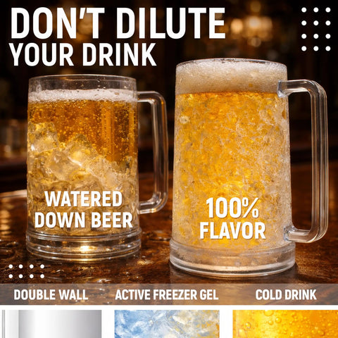 Chill Out With These Super Solid Double Wall Freezer Beer Mugs Holding Sixteen Ounces Using Encased Gel Cores To Keep Every Sip Frosted Without Adding Ice To The Mix.