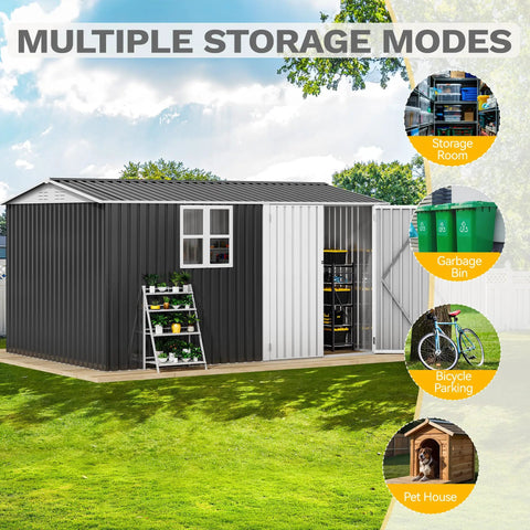 Large 12 By 8 Foot Outdoor Tool Shed With Window And Lockable Doors Sloped Roof Weatherproof Steel Garden Storage
