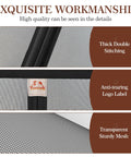 Close-up of magnetic screen door showing thick double stitching, anti-tearing logo label, and transparent sturdy mesh.