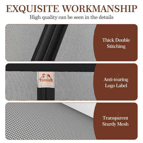 Close-up of magnetic screen door showing thick double stitching, anti-tearing logo label, and transparent sturdy mesh.
