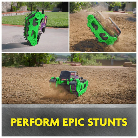 Grave Digger Trax All Terrain Remote Control Vehicle for outdoors performing stunts on dirt with tank treads