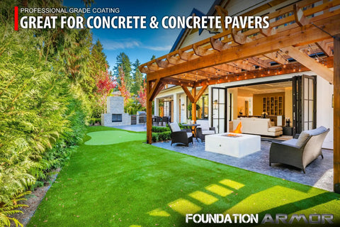 5 Gallon High Gloss Wet Look Solvent Based Acrylic Concrete Sealer and Paver Sealer on patio with outdoor seating and fire pit.