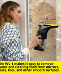 Kärcher WV 1 electric window vacuum squeegee, black with yellow blade, side view cleaning glass