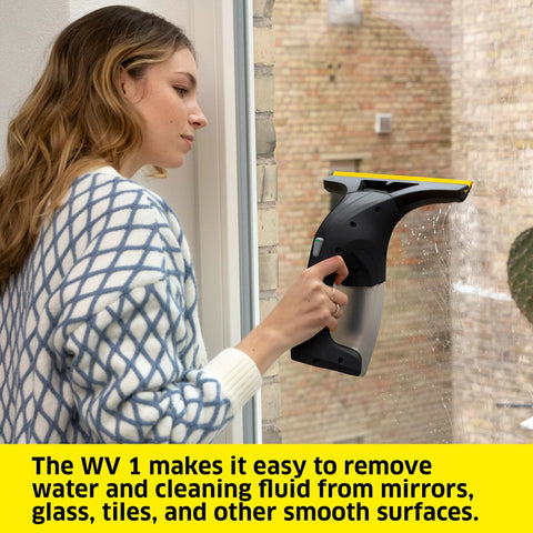 Kärcher WV 1 electric window vacuum squeegee, black with yellow blade, side view cleaning glass