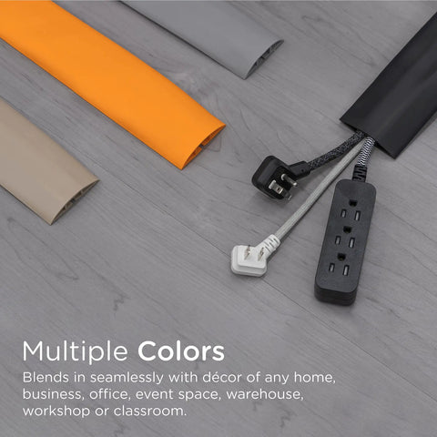 6Ft Floor Cord Cover Cable Protector in tan, orange, grey, black on floor with power strip, ideal for HDMI Cables Power Strips Wires