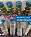 Before and after of pool filters cleaned with Pool Filter Cleaner 6 Month Supply 32 Oz Concentrated Cartridge Cleaner For Soak Or Spray Removes Dirt Grease Oil Sunscreen Hard Water Buildup No Foam Residue Safe Natural Effective Easy To Use