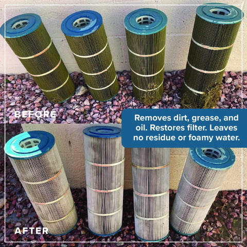 Before and after of pool filters cleaned with Pool Filter Cleaner 6 Month Supply 32 Oz Concentrated Cartridge Cleaner For Soak Or Spray Removes Dirt Grease Oil Sunscreen Hard Water Buildup No Foam Residue Safe Natural Effective Easy To Use