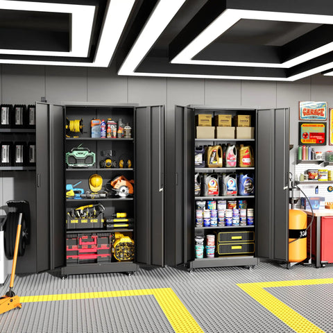 Beefy Heavy Duty Steel Rolling Storage Cabinet On Wheels With Locking Doors 73 Inch Tall Black Tool Cabinet in garage setting