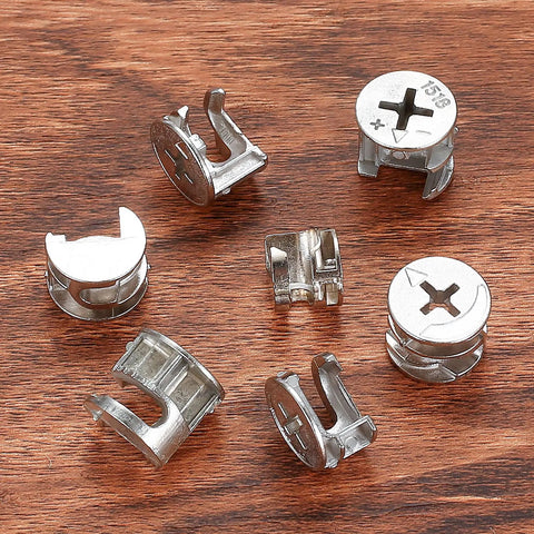 80Pcs Furniture Cam Lock Connectors Set For Cabinets And Drawers Zinc Alloy Cam Lock Nuts on wood surface, multiple sizes visible.