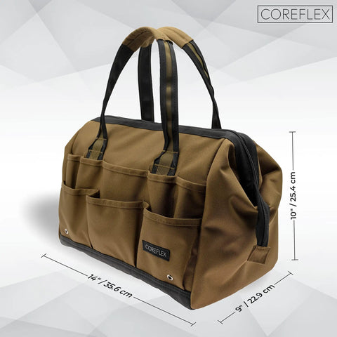 Wide Mouth 14 Inch Tool Bag Gear Bag For Plumbers Electricians And DIY Handymen With Heavy Duty 900D Polyester Build Also Great For Daily Office Use Travel Camping And Fishing Tan