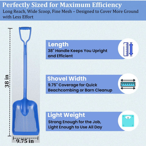 Sand Dipper Treasure Shovel Digger Sifter For Beach Cleanup And Barn Chores, Rugged Plastic Scoop With Steel Rod 38in length