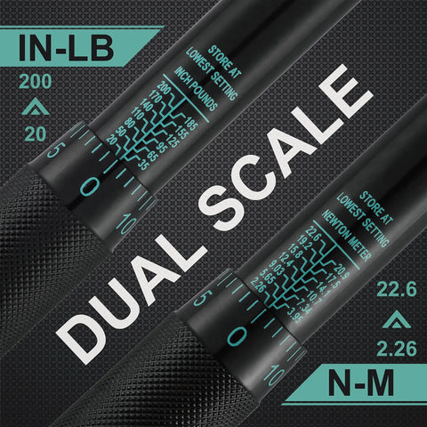 Click Torque Wrench With One Quarter Inch Drive, dual scale showing inch pounds and newton meters, high contrast scale details.