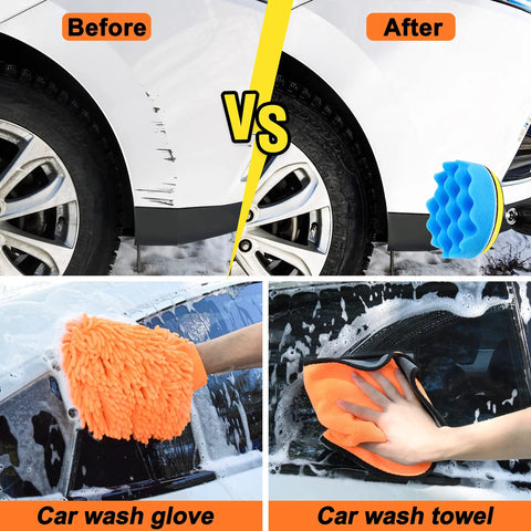 Car Detailing Kit With 26 Piece Pro Grade Polishing Pads Set In 3 Inch 4 Inch And 5 Inch Sizes Plus Drill Brushes Towels Microfiber Gloves Wool Pads Self Adhesive Discs For Drill Polisher And Buffer; before and after cleaning with orange glove and blue towel