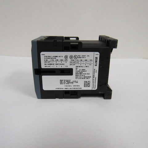 Side view of 3 Pole 9 Amp 120 Volt AC Contactor With One Normally Open Auxiliary Contact Built Tough Industrial Power Relay Model 3RT2016-1AK61