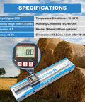 Portable Hay Moisture Meter With Backlit Digital Display ATC Compatible Instant Moisture Reading For Hay Bales Alfalfa Orchard Grass One Hand Operation Ideal For Farmers And Ranchers In The Field next to hay bales with specifications displayed.