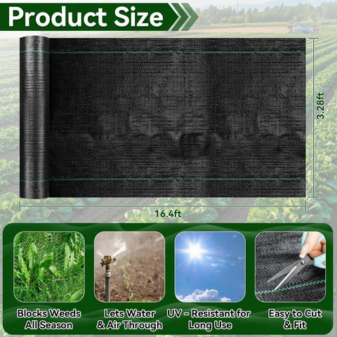 Heavy Duty Weed Barrier Fabric For Gardens And Lawns, 3.2 x 16.4 ft premium landscape fabric, roll of woven geotextile material.