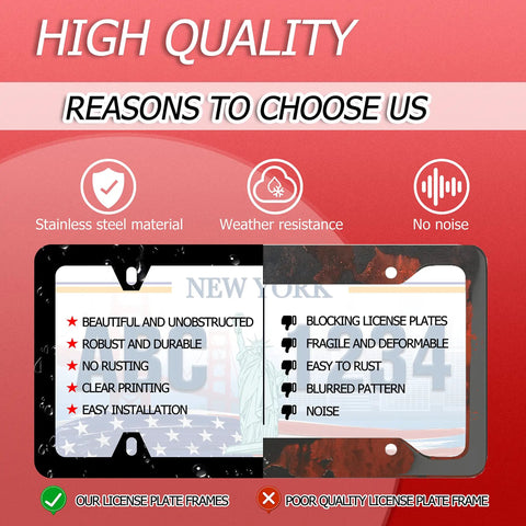Comparison of American Flag License Plate Frame Stainless Steel Holder With Screws showing quality benefits