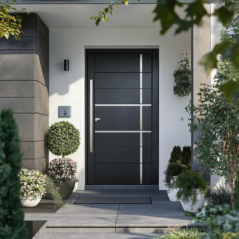 Modern front entrance with black door featuring a long vertical handle, surrounded by greenery and modern design elements.