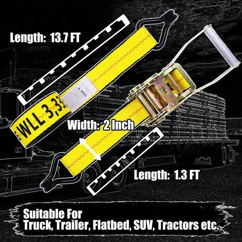 Heavy Duty Ratchet Straps 4 Pack 2 Inches By 15 Feet With J Hook Solid As A Rock For Secure Freight Hauling 10000 Lbs Break Strength, yellow strap with J hook and length markings.