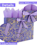 Extra Large 16.5 Inch Rose Purple Gift Bag Set With Greeting Card And Tissue Paper For Birthdays Mothers Day Weddings And Anniversaries With Gold Foil Accents And Delicate Rose Floral Design For A Boss Gift Experience featuring floral foil accents and satin ribbon handle.