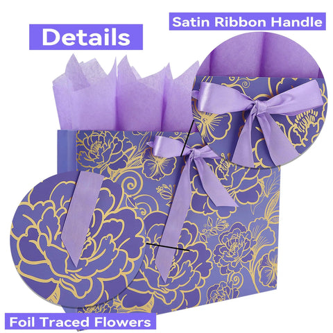 Extra Large 16.5 Inch Rose Purple Gift Bag Set With Greeting Card And Tissue Paper For Birthdays Mothers Day Weddings And Anniversaries With Gold Foil Accents And Delicate Rose Floral Design For A Boss Gift Experience featuring floral foil accents and satin ribbon handle.