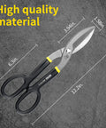 B BOSI TOOLS tin snips, 12-inch flat-blade metal cutters with black rubber-dipped handles.
