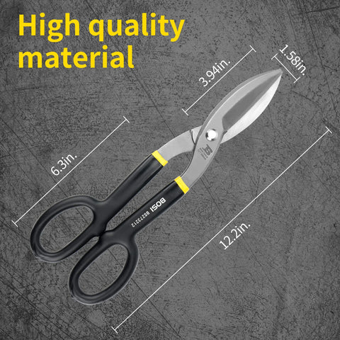 B BOSI TOOLS tin snips, 12-inch flat-blade metal cutters with black rubber-dipped handles.