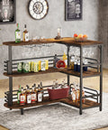L Shaped Home Bar Unit With 3 Tier Storage Shelves And Wine Glass Holder For Kitchen Or Living Room Rustic Brown And Matte Black Industrial Corner Bar Cabinet With Pub Vibe in use, showcasing bottles, glasses, and fruits on top.