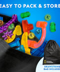 Glowing Marble Run Kit With 15 Glow-In-The-Dark Glass Marbles And Storage Bag, colorful track pieces in storage bag