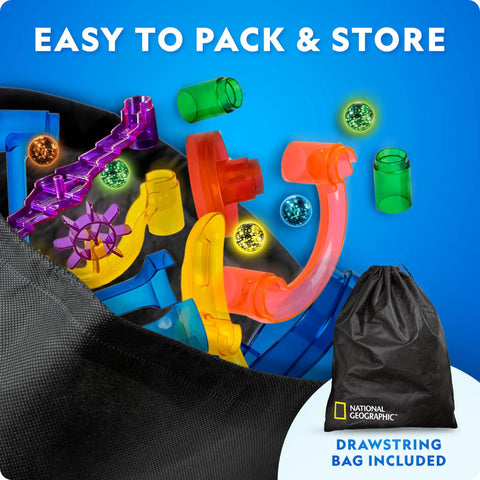Glowing Marble Run Kit With 15 Glow-In-The-Dark Glass Marbles And Storage Bag, colorful track pieces in storage bag