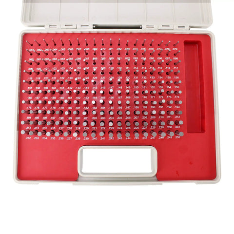 Pin Gage Set With Storage Case In Bearing Steel For Measuring Holes, 190 Pieces Ranging 0.061 To 0.250 Inches, Pro Grade High Precision 0.0002 Inch Tolerance, Each Gauge Two Inches Long. in red case