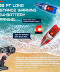 Remote control and vibrant red and blue 10 inch RC boats racing over water, featuring 200 ft range and low battery alerts.