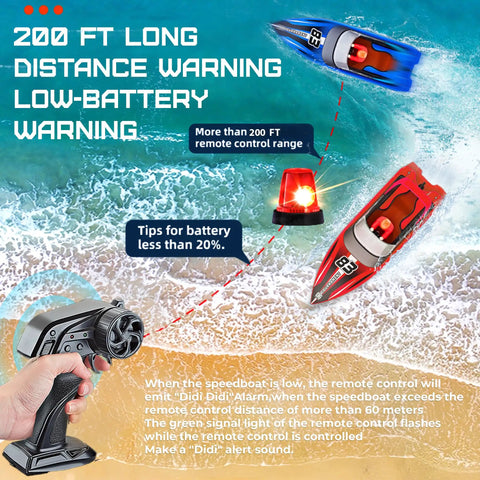 Remote control and vibrant red and blue 10 inch RC boats racing over water, featuring 200 ft range and low battery alerts.