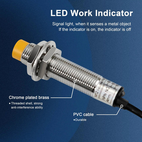 LED work indicator on Inductive Proximity Sensor M12 4mm Detection Unshielded 4Pcs NPN NO Output Iron Target 15x15x1mm