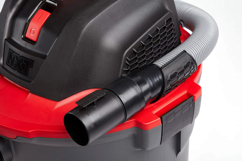12 Gallon Wet Dry Shop Vacuum Workhorse With 5 Peak HP Motor, Pro Locking Hose, Dark Gray and Red vacuum close-up
