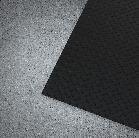 Heavy Duty Vinyl Diamond Plate Floor Mat Non Slip Garage Flooring Chemical Resistant, 1/8 inch thick, black with diamond pattern.