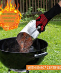 Heat Resistant Grill Gloves With Non Slip Silicone Grip For Oven And Barbecue, 1472 Fahrenheit Safe Cooking Mitts, pouring charcoal into grill