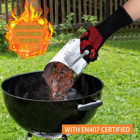 Heat Resistant Grill Gloves With Non Slip Silicone Grip For Oven And Barbecue, 1472 Fahrenheit Safe Cooking Mitts, pouring charcoal into grill