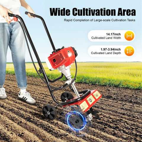 Powerful 52cc Gas Powered Tiller For Dense Soil, 2-Stroke Mini Hand Cultivator With 14.17 Inch Width in action
