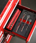 120 Tooth Ratchet Set With 1/4-Inch, 3/8-Inch, And 1/2-Inch Drives, 3 Degree Swing Arc in a red tool drawer