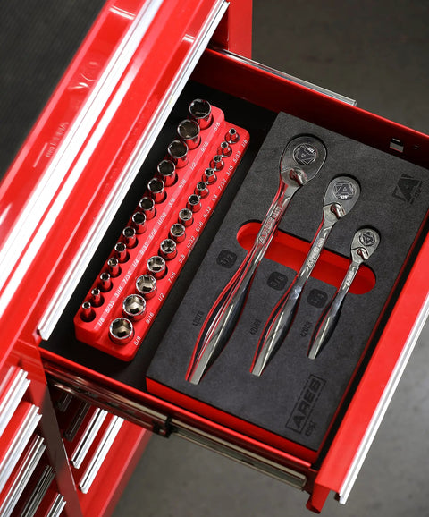 120 Tooth Ratchet Set With 1/4-Inch, 3/8-Inch, And 1/2-Inch Drives, 3 Degree Swing Arc in a red tool drawer
