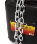 Heavy Duty 5/16 Inch Zinc Plated Grade 30 Proof Coil Chain 92 Feet Long resting on a black container, showcasing its corrosion resistance.